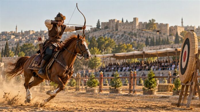 Atlı Okçuluk Türkiye Şampiyonası Gaziantep yarı finalinde hedefe atış yapan sporcu